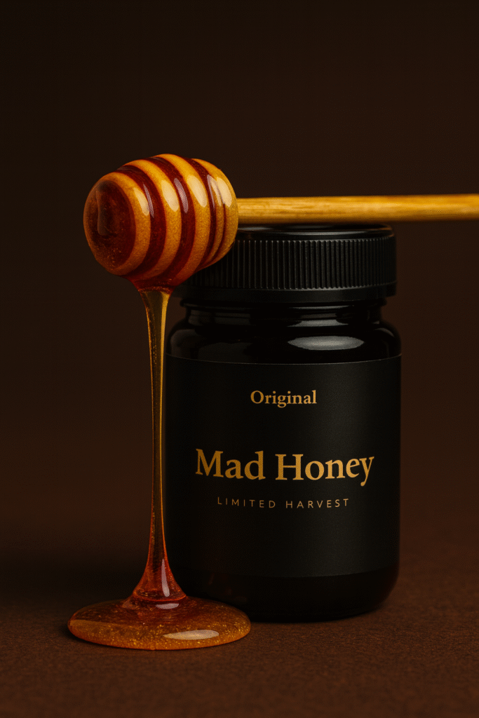 Premium Original Mad Honey jar with honey dipper dripping golden honey, displayed on a black background for an informational article.